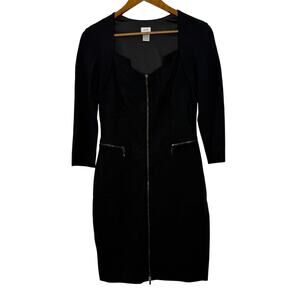 Cache Black Bodycon Dress 6 Zip Front 3/4 Sleeve Cocktail Party Chic Stretch
